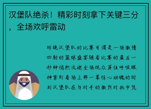 汉堡队绝杀！精彩时刻拿下关键三分，全场欢呼雷动